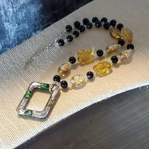 Lampwork Glass Black Amber Clear Geometric Pendant Handcrafted Necklace - Picture 8 of 12